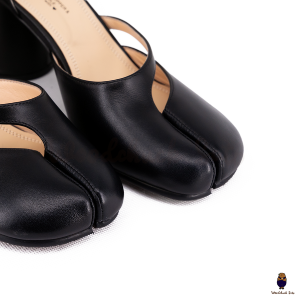 WoodchuckSato Black Matte Cow Leather Tabi Ankle-Strap 8 cm Heels