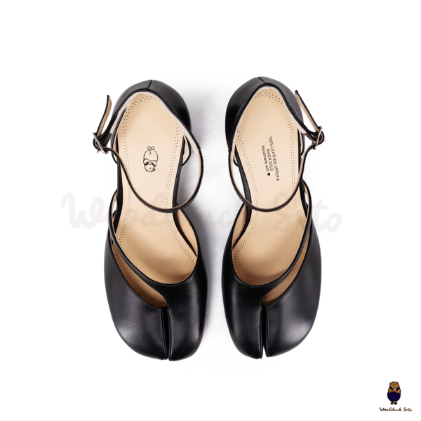 WoodchuckSato Black Matte Cow Leather Tabi Ankle-Strap 8 cm Heels