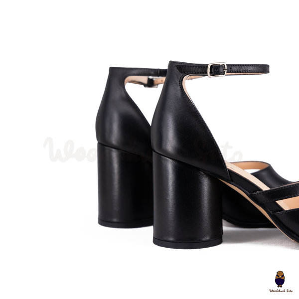 WoodchuckSato Black Matte Cow Leather Tabi Ankle-Strap 8 cm Heels