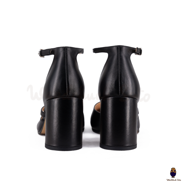 WoodchuckSato Black Matte Cow Leather Tabi Ankle-Strap 8 cm Heels