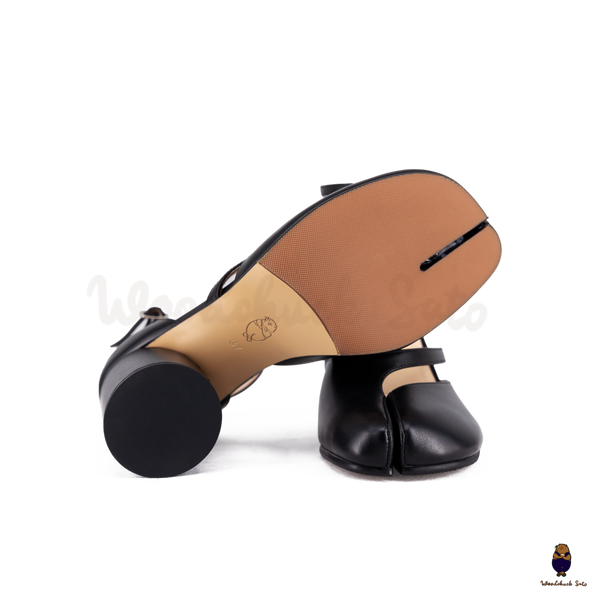 WoodchuckSato Black Matte Cow Leather Tabi Ankle-Strap 8 cm Heels