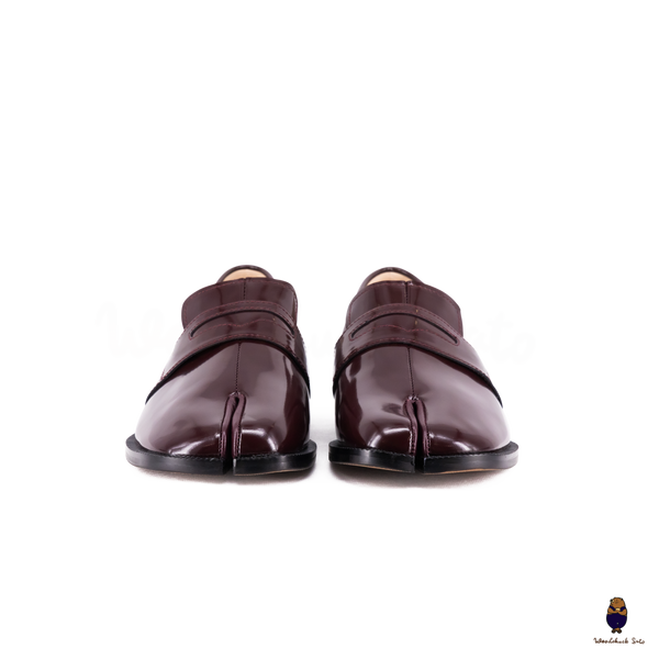 WoodchuckSato Burgundy Edge-Beaded Cow Leather Tabi Loafers with Penny Strap Sizes 35 to 47