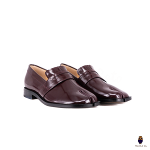 WoodchuckSato Burgundy Edge-Beaded Cow Leather Tabi Loafers with Penny Strap Sizes 35 to 47