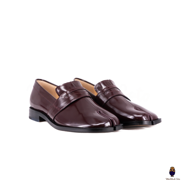WoodchuckSato Burgundy Edge-Beaded Cow Leather Tabi Loafers with Penny Strap Sizes 35 to 47