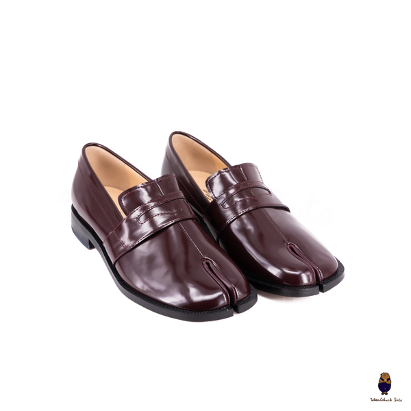 WoodchuckSato Burgundy Edge-Beaded Cow Leather Tabi Loafers with Penny Strap Sizes 35 to 47