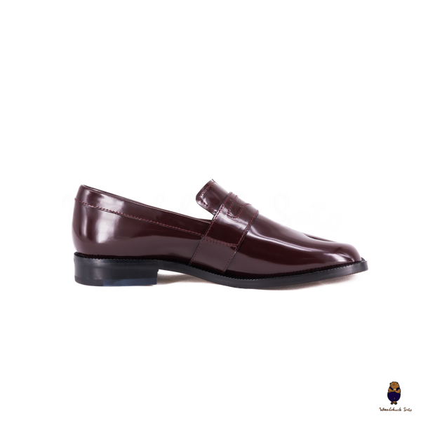 WoodchuckSato Burgundy Edge-Beaded Cow Leather Tabi Loafers with Penny Strap Sizes 35 to 47