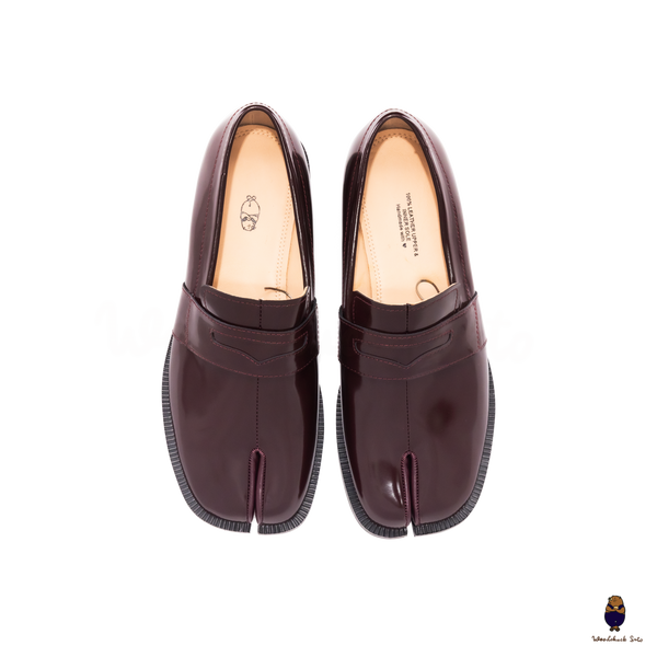 WoodchuckSato Burgundy Edge-Beaded Cow Leather Tabi Loafers with Penny Strap Sizes 35 to 47
