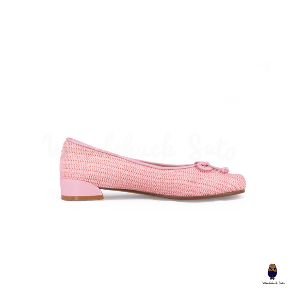 WoodchuckSato Woven Tabi Ballet Flats in Soft Pink Straw Tabi Balle Flats with Bow