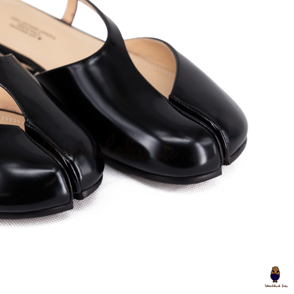WoodchuckSato Black Film-Coated Cow Leather Tabi Slingback Sandals