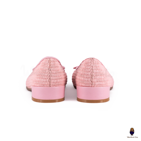 WoodchuckSato Woven Tabi Ballet Flats in Soft Pink Straw Tabi Balle Flats with Bow