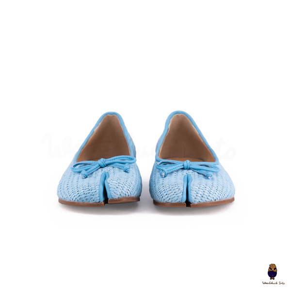 Woodchuck Sato Woven Tabi Ballet Flats, Light Blue Straw Tabi Ballet Flats with Bow