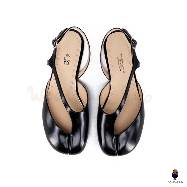 WoodchuckSato Black Film-Coated Cow Leather Tabi Slingback Sandals