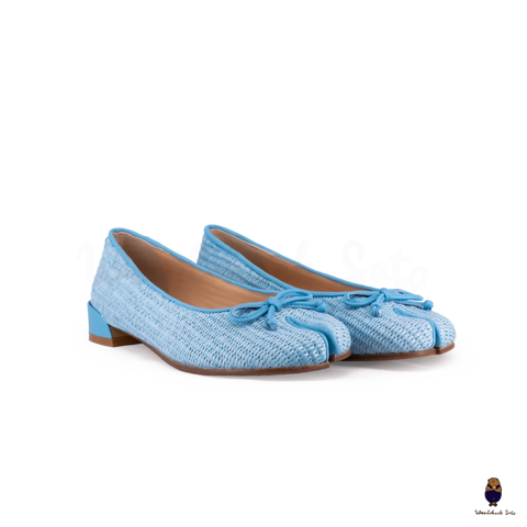 Woodchuck Sato Woven Tabi Ballet Flats, Light Blue Straw Tabi Ballet Flats with Bow