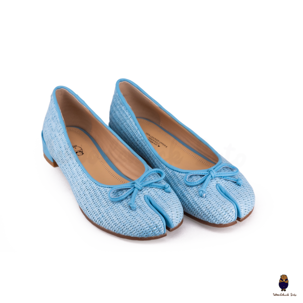 Woodchuck Sato Woven Tabi Ballet Flats, Light Blue Straw Tabi Ballet Flats with Bow