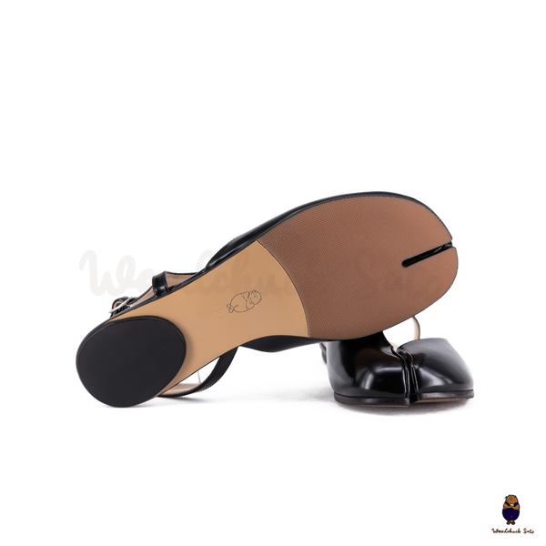 WoodchuckSato Black Film-Coated Cow Leather Tabi Slingback Sandals