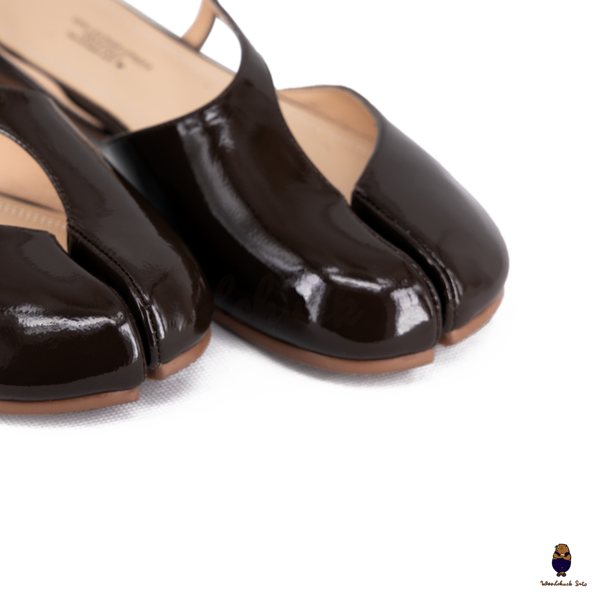 WoodchuckSato Dark Brown Film-Coated Cow Leather Tabi Slingback Sandals