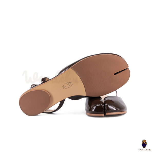 WoodchuckSato Dark Brown Film-Coated Cow Leather Tabi Slingback Sandals