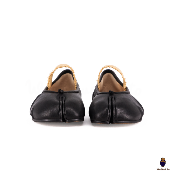 WoodChuckSato Women's Men's Black Tabi Split-Toe "Distressed" Leather Ballet Flats with Elastic Band Sizes EU 35-45
