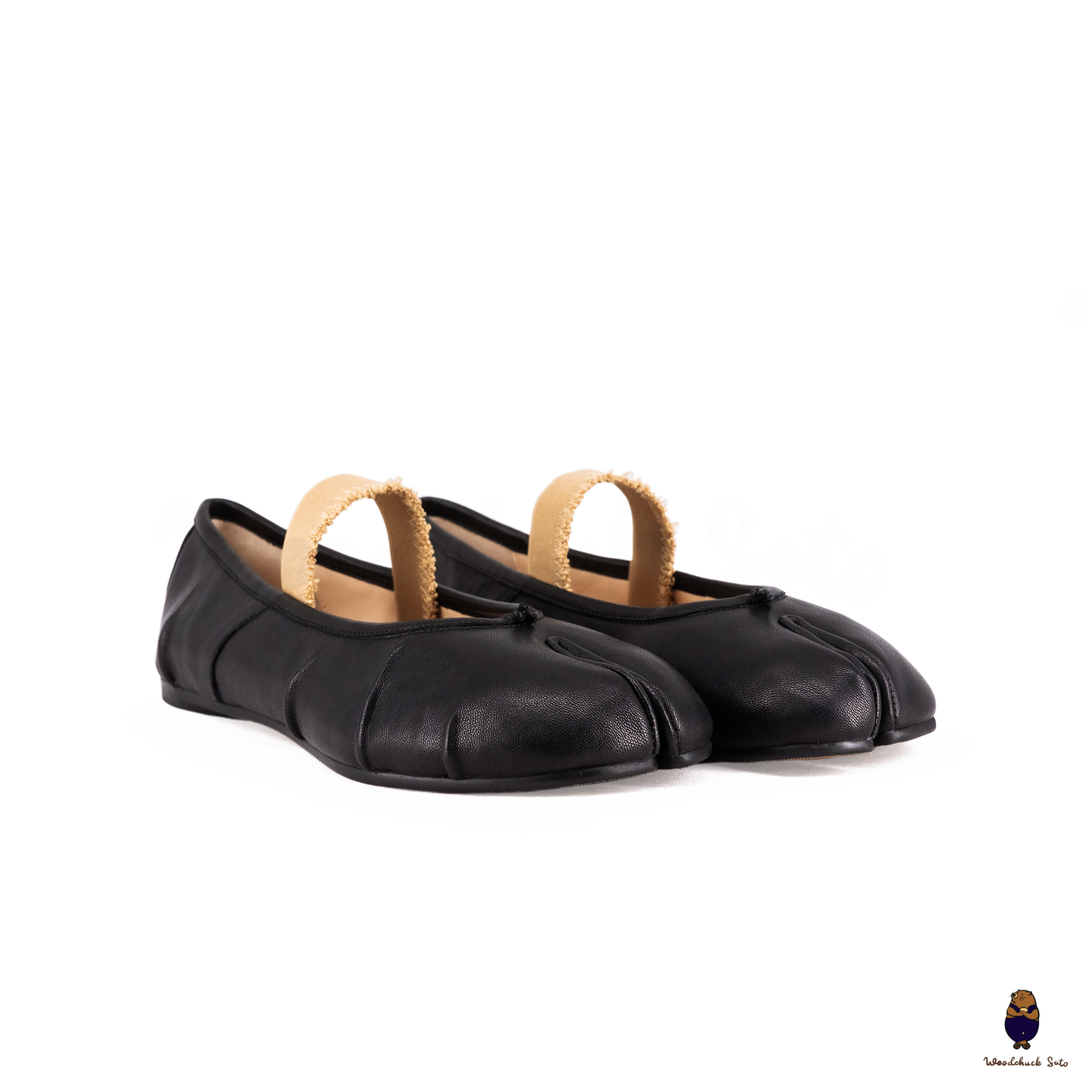 WoodChuckSato Women's Men's Black Tabi Split-Toe "Distressed" Leather Ballet Flats with Elastic Band Sizes EU 35-45