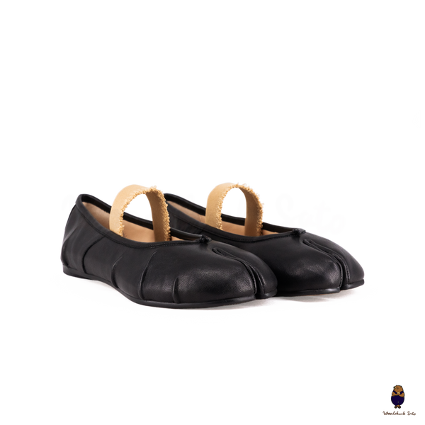 WoodChuckSato Women's Men's Black Tabi Split-Toe "Distressed" Leather Ballet Flats with Elastic Band Sizes EU 35-45