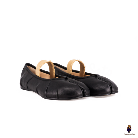 WoodChuckSato Women's Men's Black Tabi Split-Toe "Distressed" Leather Ballet Flats with Elastic Band Sizes EU 35-45