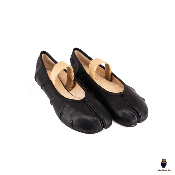 WoodChuckSato Women's Men's Black Tabi Split-Toe "Distressed" Leather Ballet Flats with Elastic Band Sizes EU 35-45