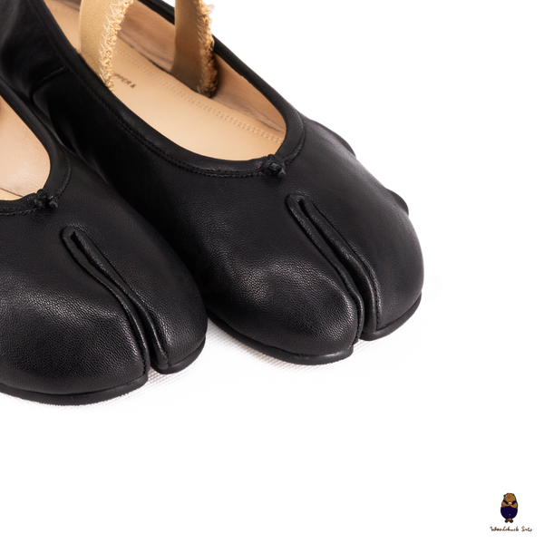 WoodChuckSato Women's Men's Black Tabi Split-Toe "Distressed" Leather Ballet Flats with Elastic Band Sizes EU 35-45