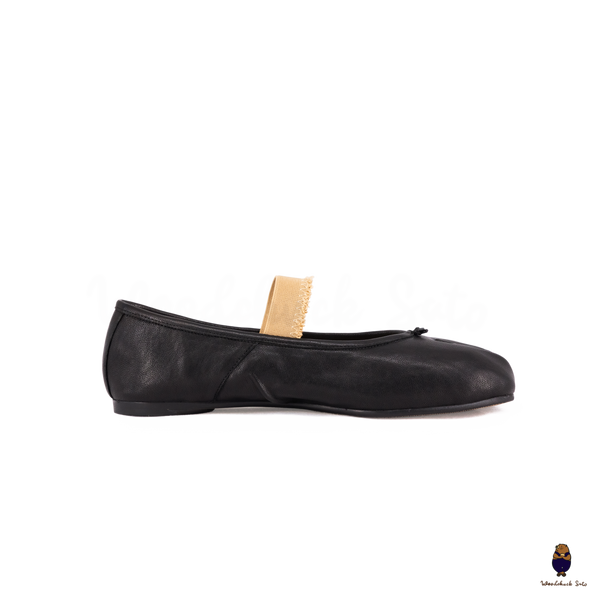 WoodChuckSato Women's Men's Black Tabi Split-Toe "Distressed" Leather Ballet Flats with Elastic Band Sizes EU 35-45