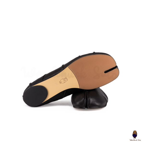 WoodChuckSato Women's Men's Black Tabi Split-Toe "Distressed" Leather Ballet Flats with Elastic Band Sizes EU 35-45