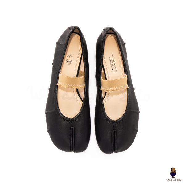 WoodChuckSato Women's Men's Black Tabi Split-Toe "Distressed" Leather Ballet Flats with Elastic Band Sizes EU 35-45
