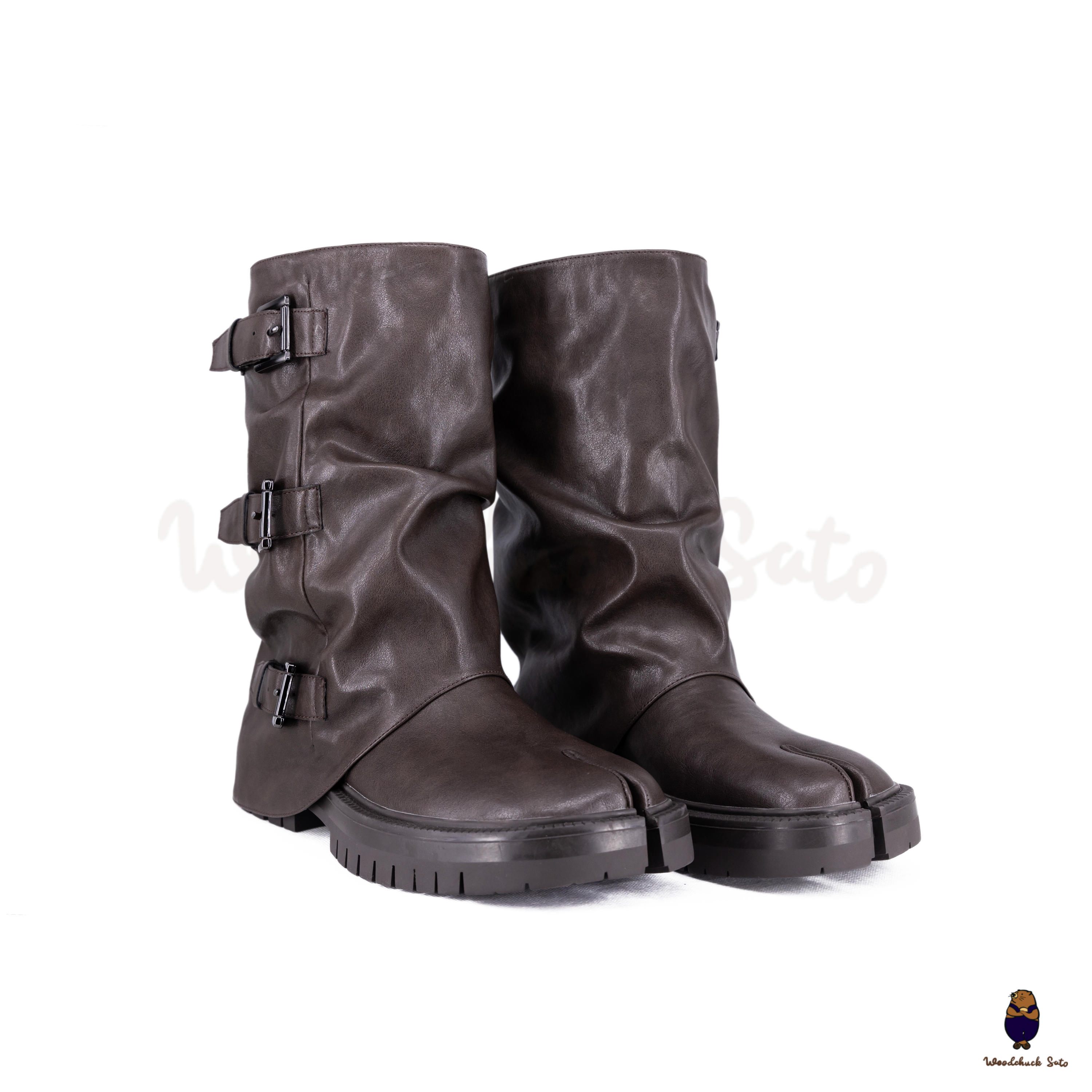 WoodchuckSato Dark Brown Vegan Slouchy Tabi Buckle Mid-Calf Boots