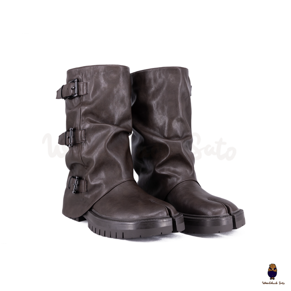 WoodchuckSato Dark Brown Vegan Slouchy Tabi Buckle Mid-Calf Boots