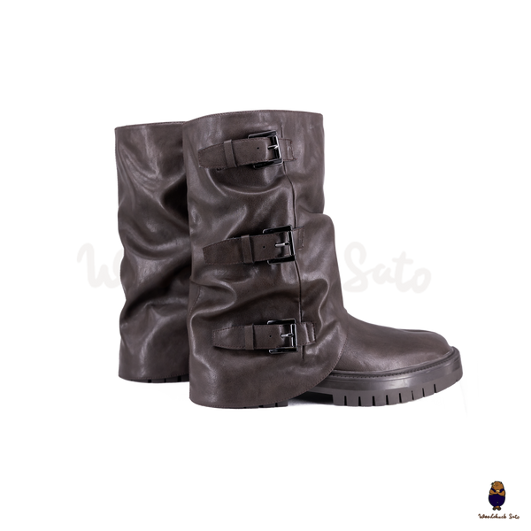 WoodchuckSato Dark Brown Vegan Slouchy Tabi Buckle Mid-Calf Boots