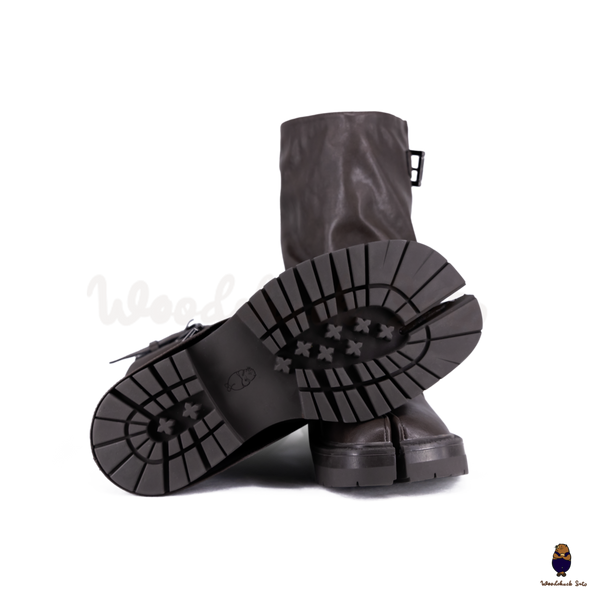 WoodchuckSato Dark Brown Vegan Slouchy Tabi Buckle Mid-Calf Boots