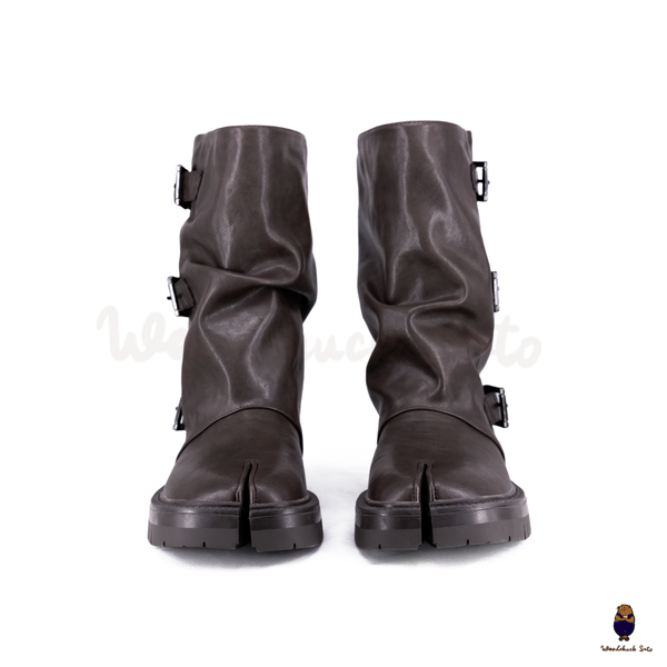 WoodchuckSato Dark Brown Vegan Slouchy Tabi Buckle Mid-Calf Boots