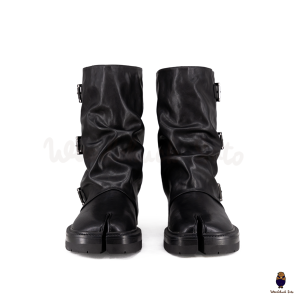 WoodchuckSato Black Vegan Slouchy Tabi Buckle Mid-Calf Boots
