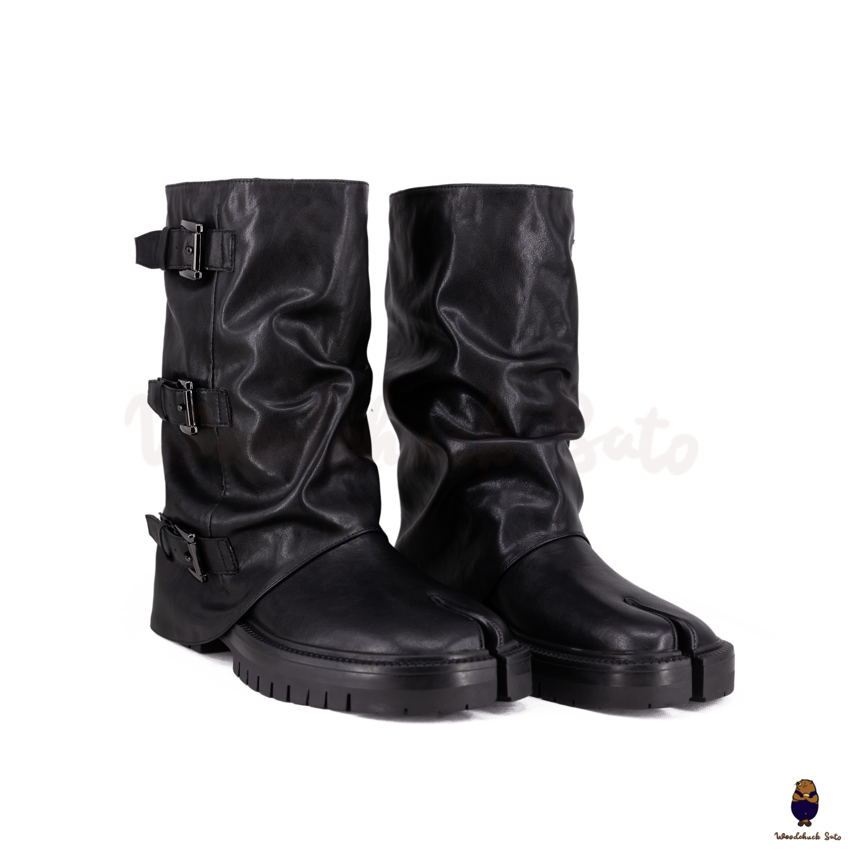 THE FLAT HEAD ブラック ラフアウト ペコス ブーツ WoodchuckSato Black Vegan Slouchy Tabi Buckle Mid-Calf Boots