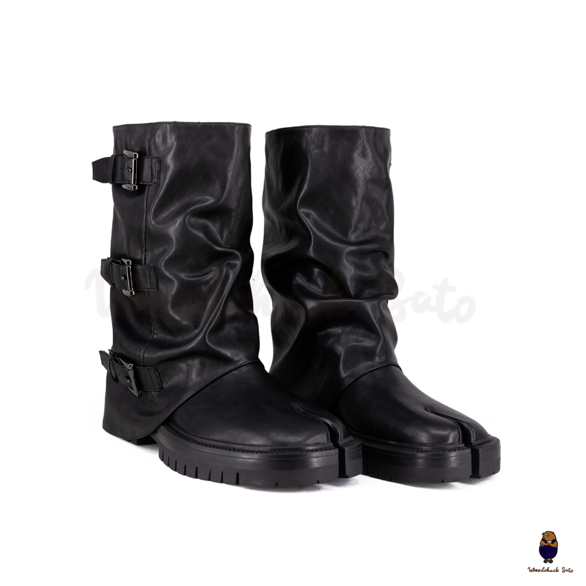 WoodchuckSato Black Vegan Slouchy Tabi Buckle Mid-Calf Boots