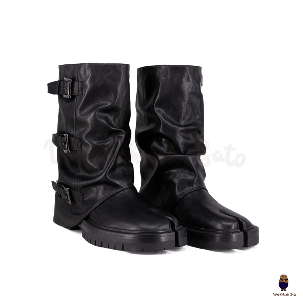 WoodchuckSato Black Vegan Slouchy Tabi Buckle Mid-Calf Boots