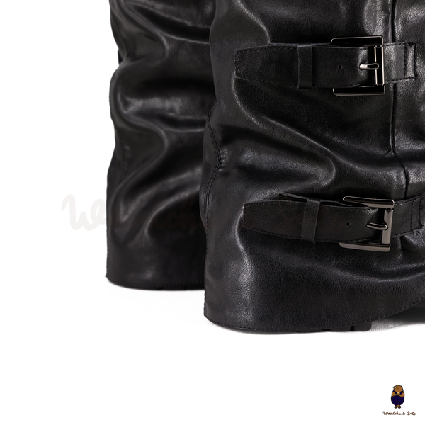 WoodchuckSato Black Vegan Slouchy Tabi Buckle Mid-Calf Boots