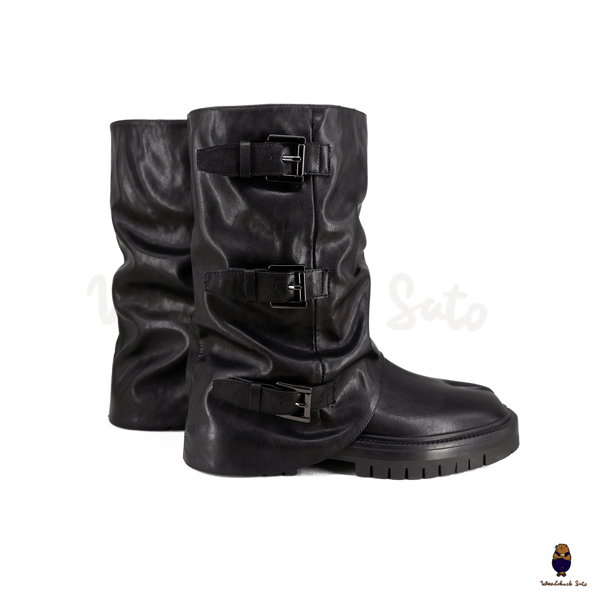 WoodchuckSato Black Vegan Slouchy Tabi Buckle Mid-Calf Boots