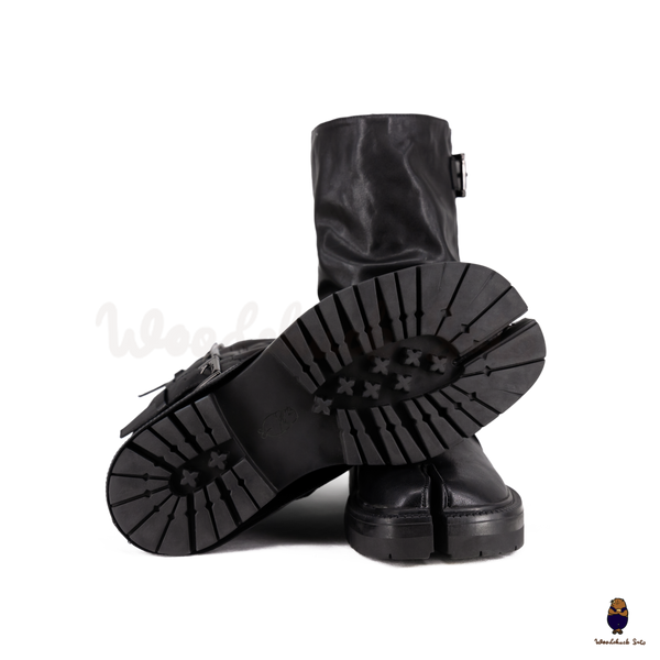 WoodchuckSato Black Vegan Slouchy Tabi Buckle Mid-Calf Boots