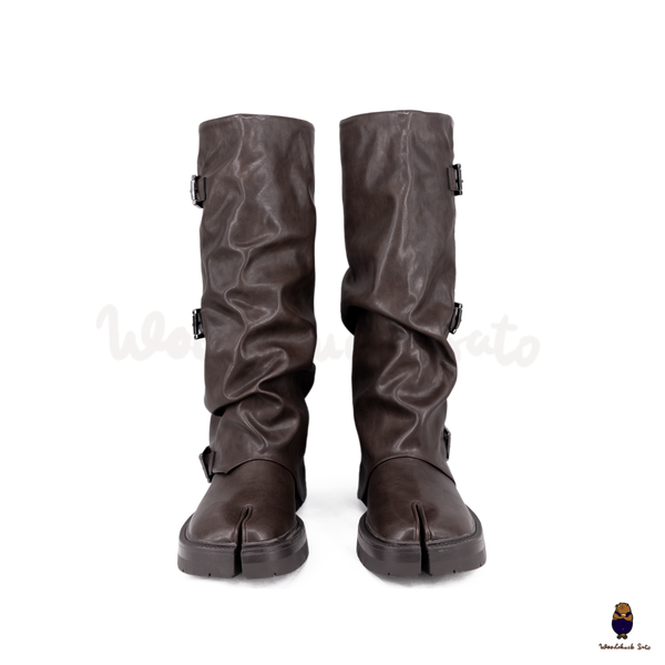 WoodchuckSato Brown Vegan Tabi Triple Buckle Slouchy Tall Boots