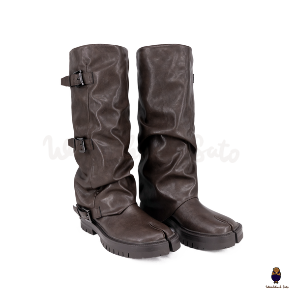 WoodchuckSato Brown Vegan Tabi Triple Buckle Slouchy Tall Boots