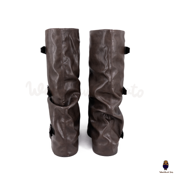 WoodchuckSato Brown Vegan Tabi Triple Buckle Slouchy Tall Boots