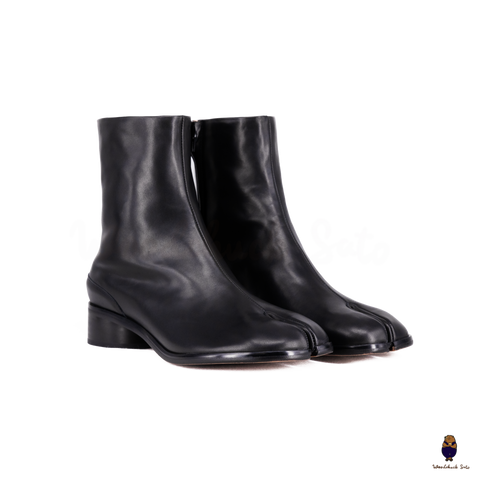 WoodChuckSato Women's Men's Black Tabi Split-Toe Cow Leather Boots with 3cm Heel Height Sizes EU 35-48