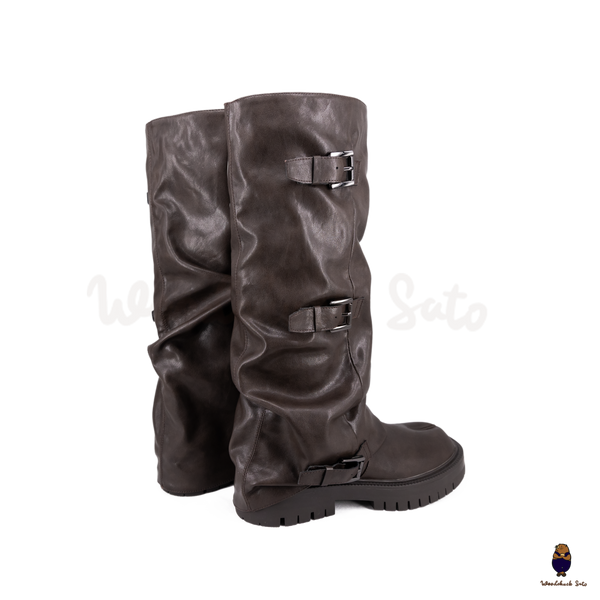 WoodchuckSato Brown Vegan Tabi Triple Buckle Slouchy Tall Boots