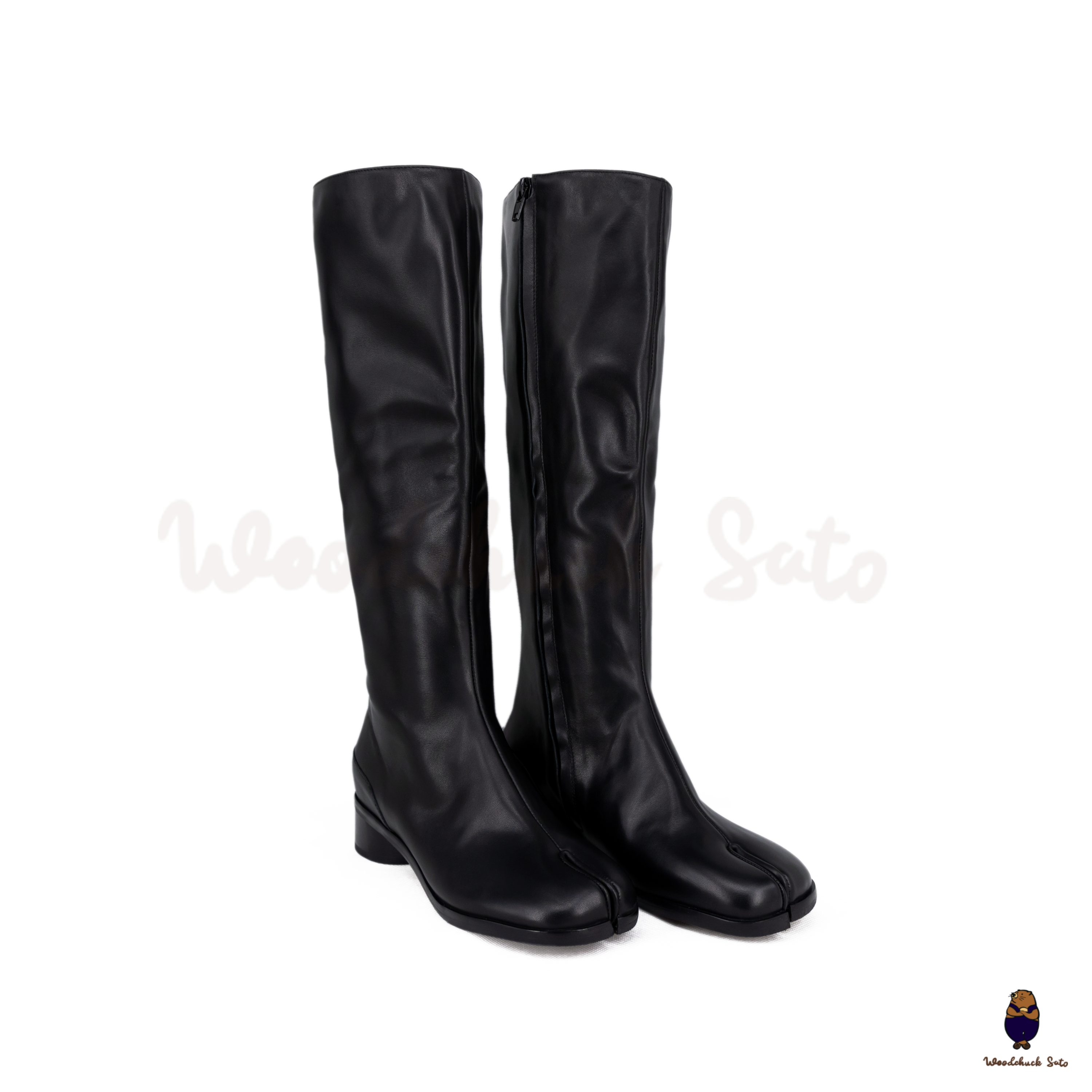 WoodchuckSato Black Leather 3cm Heel Tabi Knee-High Boots