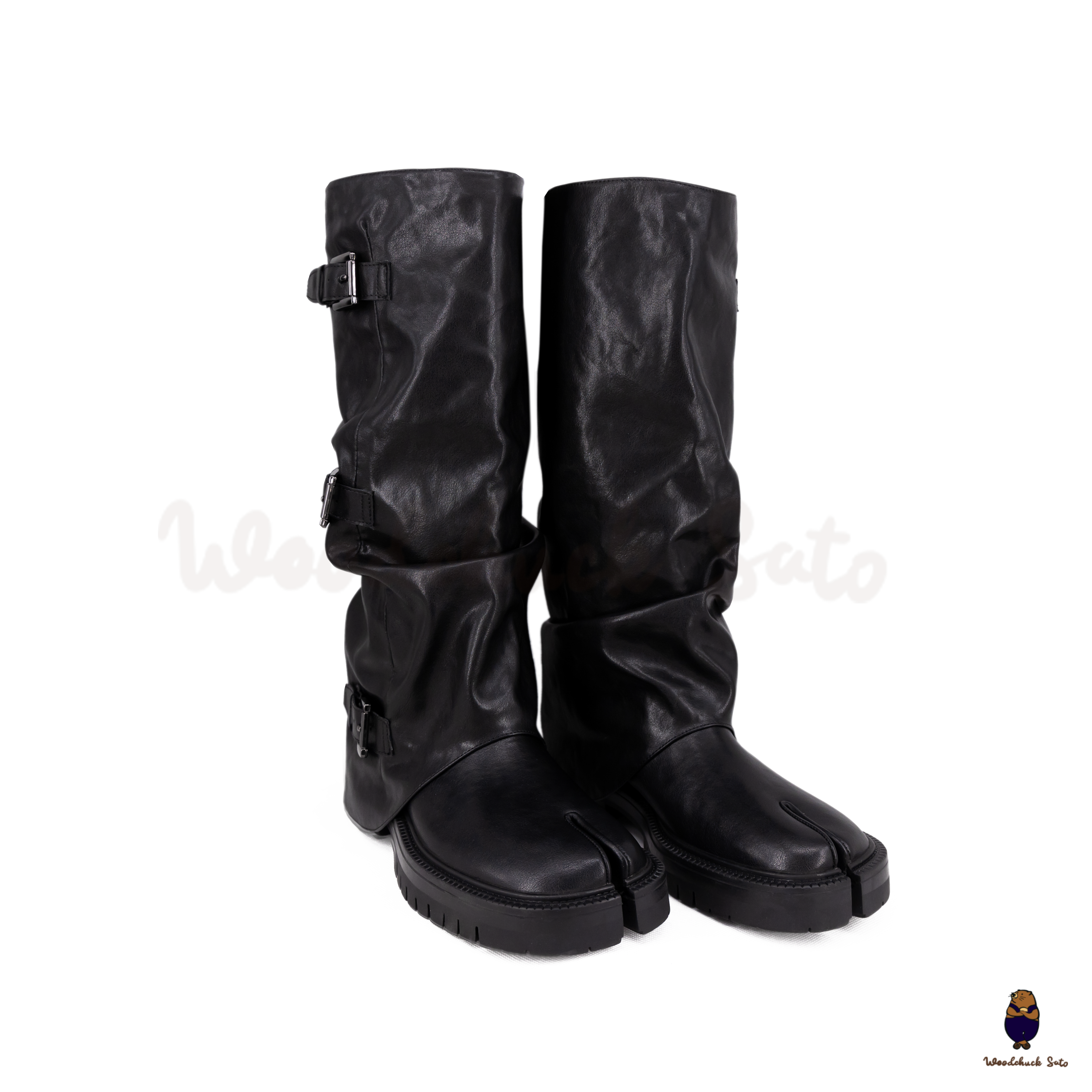 タビブーツ/Tabi Boots/37/BLK WoodchuckSato Black Vegan Tabi Triple Buckle Slouchy Tall Boots