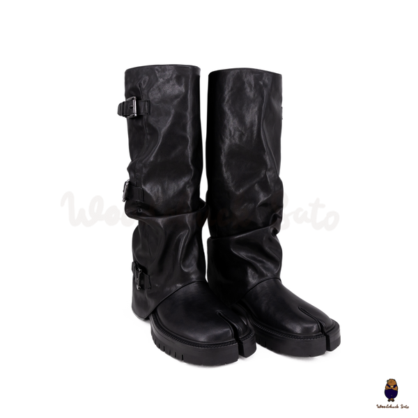 WoodchuckSato Black Vegan Tabi Triple Buckle Slouchy Tall Boots